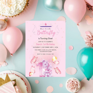 Rosa Chic Erste 1. Geburtstagsflora, Schmetterling Einladung