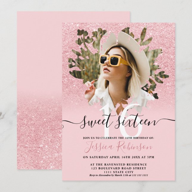 Rosa chic Glitzer ombre Foto Blumenkohl Sweet 16 Einladung (Vorne/Hinten)