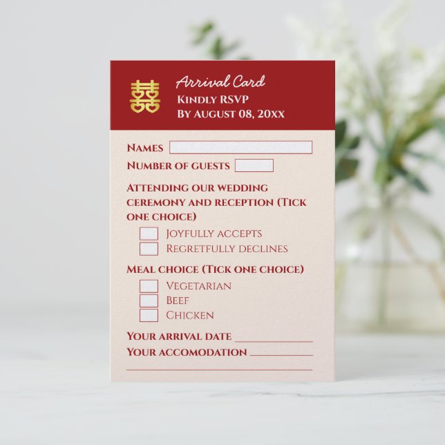 Rosa chinesischer Hochzeitspass Ankunft RSVP Karte (Stehend Vorderseite)