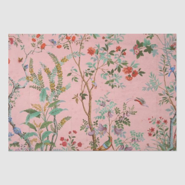 Rosa Chinoiserie Bird Blumengestalt Seidenpapier (Vorderseite)