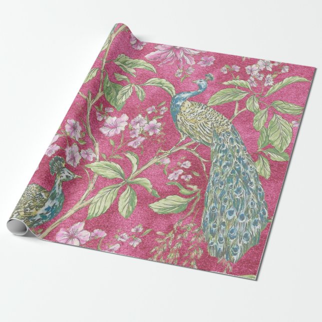Rosa Chinoiserie Pfauenblume Geschenkpapier (Ungerollt)
