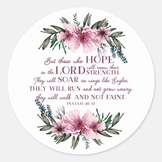 Rosa Christliche Blütenbibel Verse Isaiah 40 Runder Aufkleber (Vorderseite)