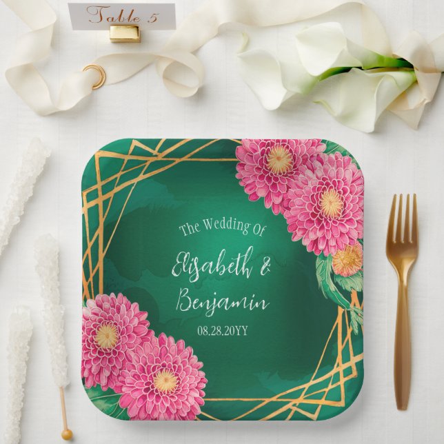 Rosa Chrysanthemen mit geometrischer Hochzeit Pappteller (Hochzeit)