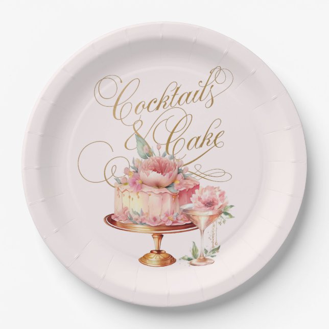 Rosa Cocktails und Cake Brautparty Pappteller (Vorderseite)