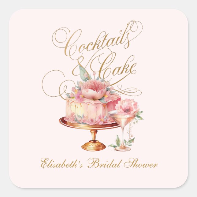 Rosa Cocktails und Cake Brautparty Quadratischer Aufkleber (Vorderseite)