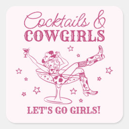Rosa Cocktails und Cowgirls Rodeo Bachelorette Quadratischer Aufkleber
