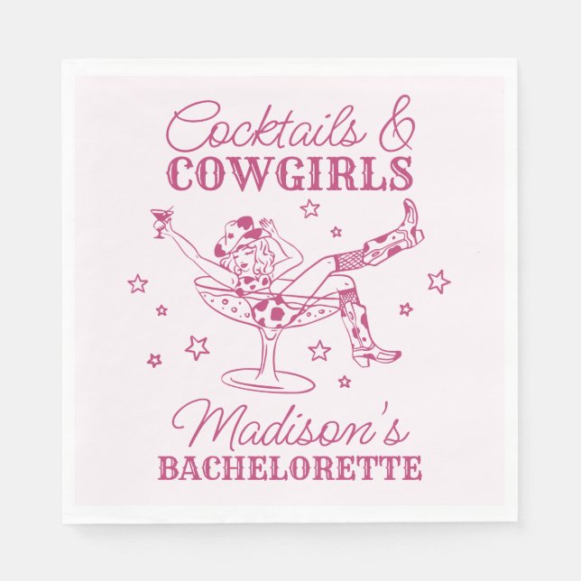 Rosa Cocktails und Cowgirls Rodeo Bachelorette Serviette (Vorderseite)