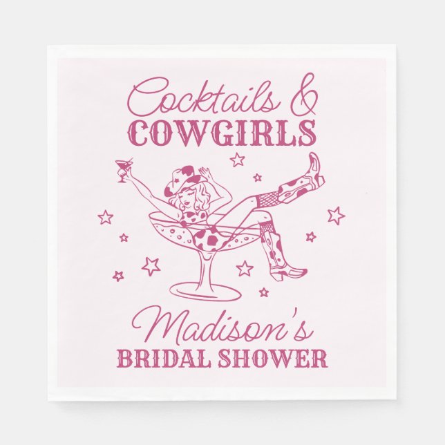 Rosa Cocktails und Cowgirls Rodeo Brautparty Serviette (Vorderseite)