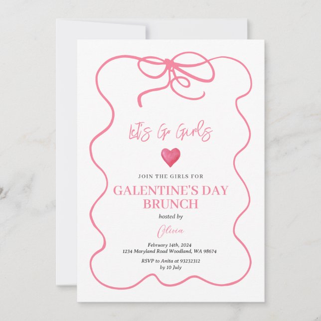 Rosa Conquette Handgezeichneter Girl's Galentine B Einladung (Vorderseite)