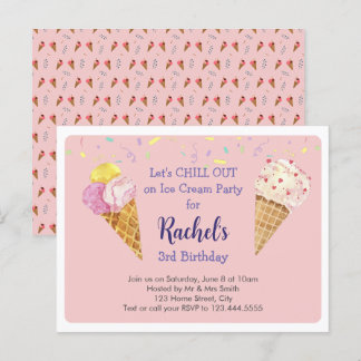 Rosa Cooles Eiscreme Kindergeburtstag Party Einladungspostkarte
