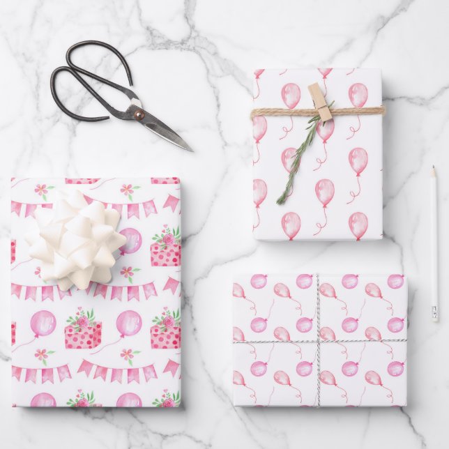 Rosa Coquette Balloon Girl Birthday Geschenkpapier Set (Vorderseite)