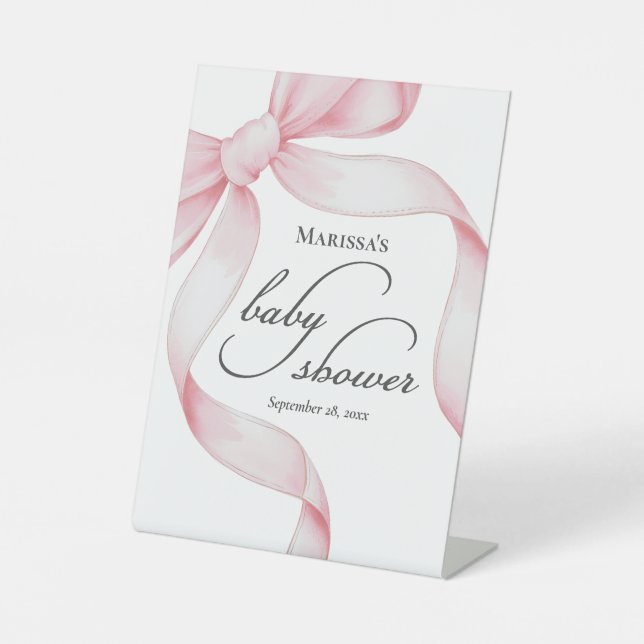 Rosa Coquette Bow Baby Dusche Akryllische Beschrif Sockelschild (Vorderseite)