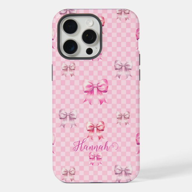 Rosa Coquette Bow Checkerboard iPhone 15 Pro Max Hülle (Rückseite)