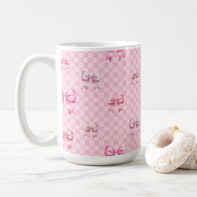 Rosa Coquette Bow Checkerboard Kaffeetasse (Mit Donut)