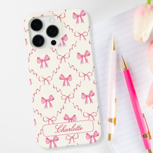 Rosa Coquette Bow iPhone 16 Pro Max Hülle (personalized cute sweet watercolor pink coquette bow phone case custom name in calligraphy script)