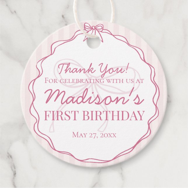 Rosa Coquette Bow Pastell Streifen Geburtstag Geschenkanhänger (Vorderseite)