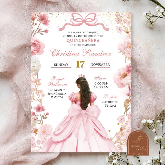Rosa Coquette Bow Princess Quinceanera Einladung (Von Creator hochgeladen)