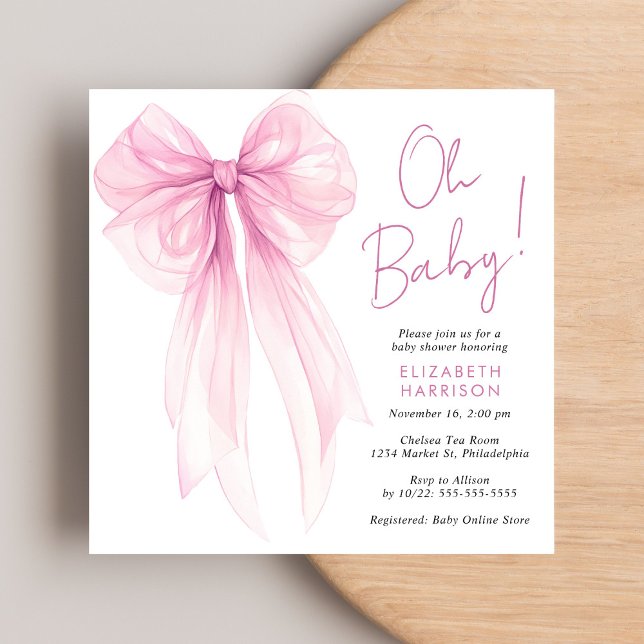 Rosa Coquette Bow Watercolor Girl Dusche Einladung (Celebrate the upcoming arrival of your baby girl with a beautiful baby shower invitation)