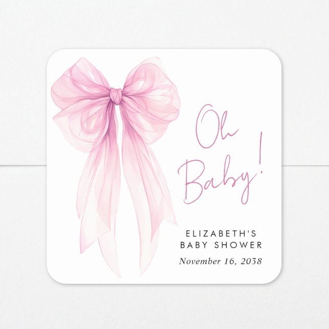 Rosa Coquette Bow Watercolor Girl Dusche Quadratischer Aufkleber (Von Creator hochgeladen)