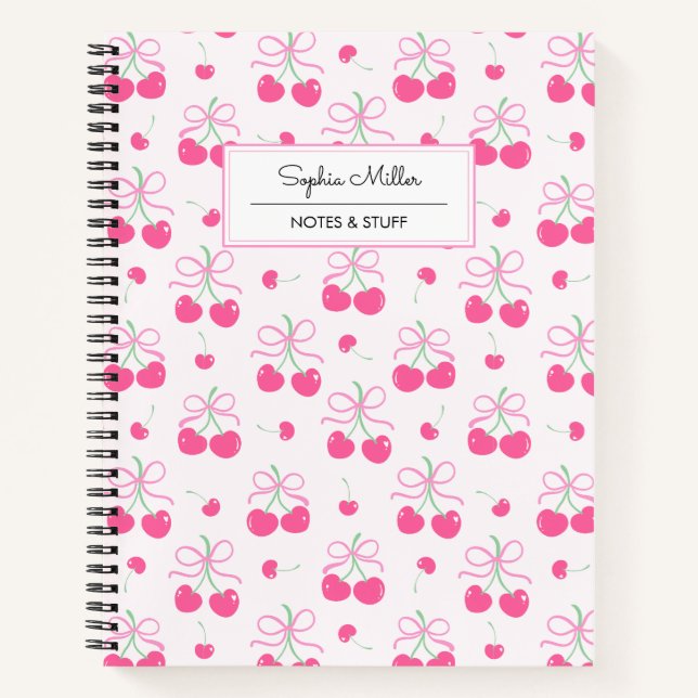 Rosa Coquette Cherry mit Bogen Monogramm Notizbuch (Vorderseite)