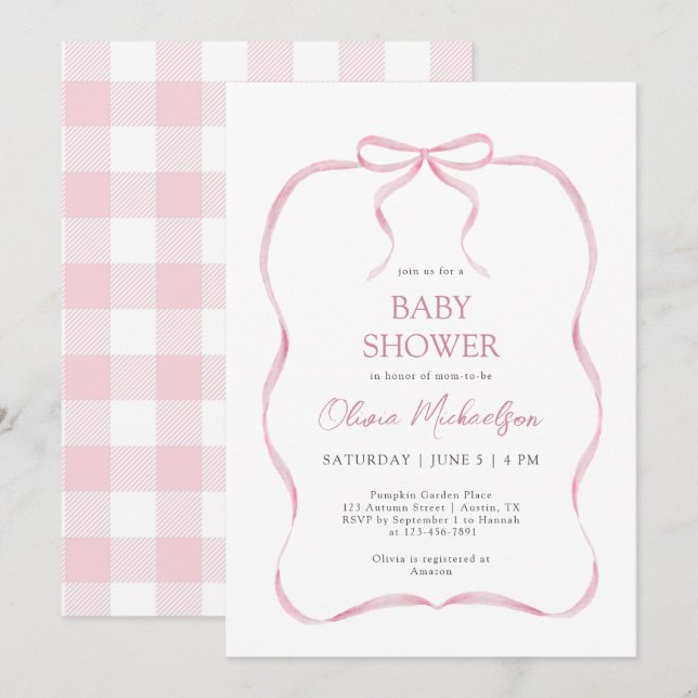 Rosa Coquette Ribbon Bow Modern Girl Baby Dusche Einladung (Vorne/Hinten)