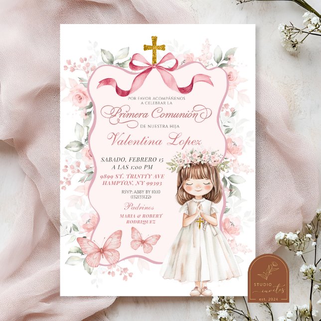 Rosa Coquette Ribbon Floral Erste Heilige Kommune Einladung (Von Creator hochgeladen)