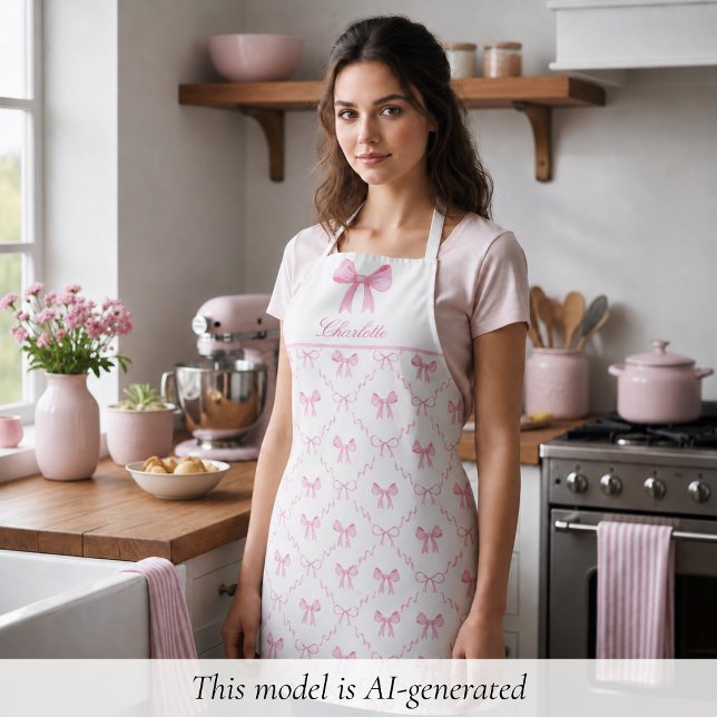 Rosa Coquette-Schürze mit Schleife Schürze (sweet pretty cute coquette pink bow apron, custom name in script calligraphy, personalized gifts)