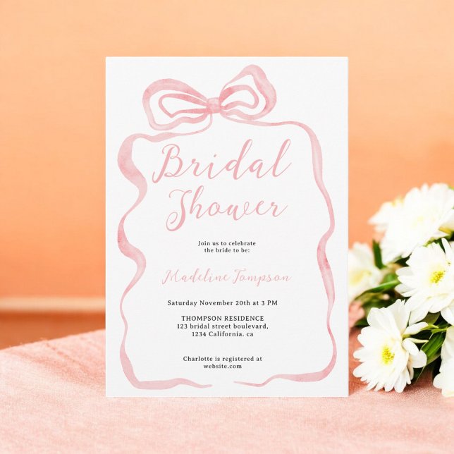 Rosa Coquette Wasserfarben Brautparty Einladung (Pink Coquette Watercolor Bow Bridal Shower Invitation)