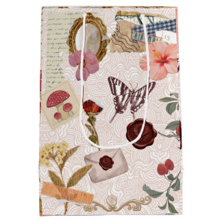 Rosa Cottagecore-Botanik-Collage Mittlere Geschenktüte