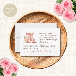 Rosa Cowgirl-Baby-Shower-Dankeskarten Stiefel Mitteilungskarte