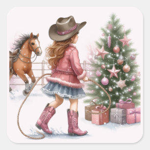 Rosa Cowgirl beim Lassoing von Weihnachten  Quadratischer Aufkleber