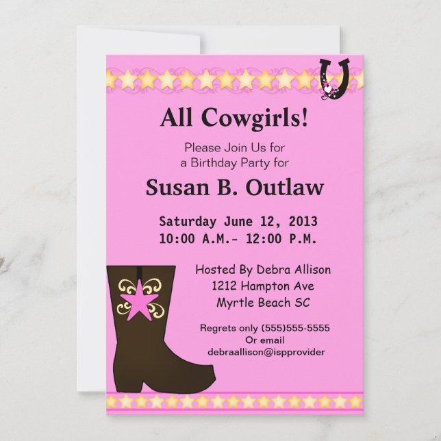 Rosa Cowgirl Birthday Einladung (Vorderseite)