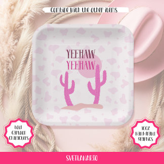 Rosa Cowgirl Country Cacti Western Papierplatte Pappteller