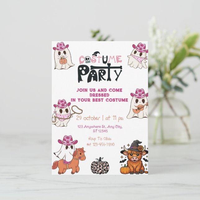 Rosa Cowgirl Halloween KostümParty Einladung (Stehend Vorderseite)