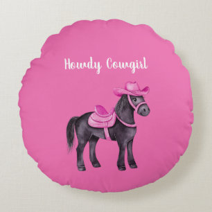 Rosa Cowgirl Howdy Pferd Rundes Kissen