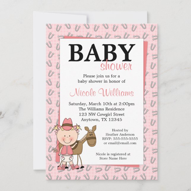 Rosa Cowgirl-Hufeisen-Babyparty-Einladungen Einladung (Vorderseite)