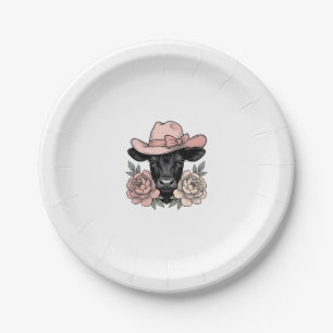 Rosa Cowgirl-Kalb mit Pfingstrosen Vintage-Vektor_ Pappteller