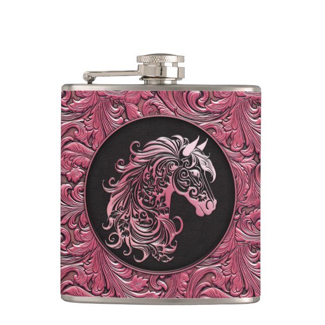 Rosa Cowgirl mit Blumenmotiven aus Leder Flachmann (Vorderseite)