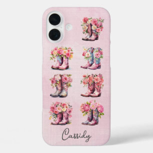 Rosa Cowgirl-Stiefel mit Blumen monogrammiert iPhone 16 Plus Hülle