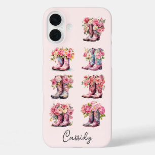 Rosa Cowgirl-Stiefel mit Blumen monogrammiert iPhone 16 Plus Hülle