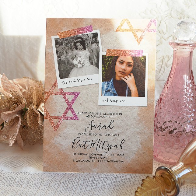 Rosa, Creamsikel Orange Bat Mitzvah Sparkle Stars Einladung (Rose gold, glitter, star of david bat mitzvah invitation templates for pink sparkles bat mitzvah)