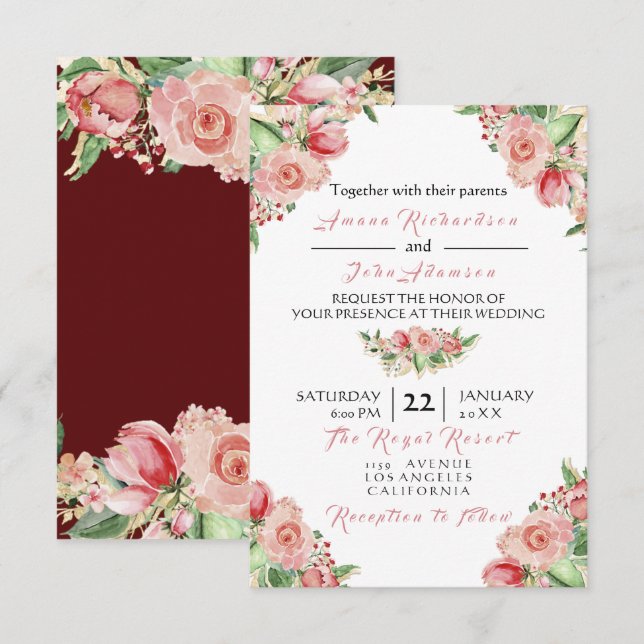 Rosa Creamy Marsala Rose Hochzeit Einladung (Vorne/Hinten)