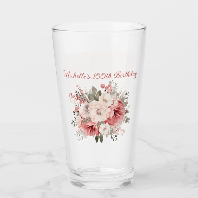 Rosa Creme Aquarell Floral 100. Geburtstag Glas (Vorderseite)