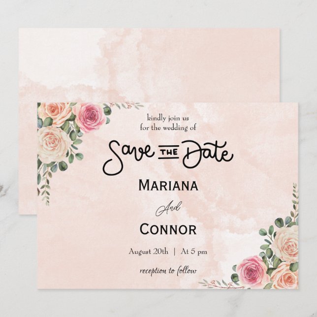 Rosa Creme Blumengarten Hochzeit Save the Date Einladung (Vorne/Hinten)