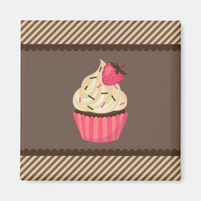 Rosa Creme Brown Streifen Erdbeere Cupcake Magnet (Vorne)