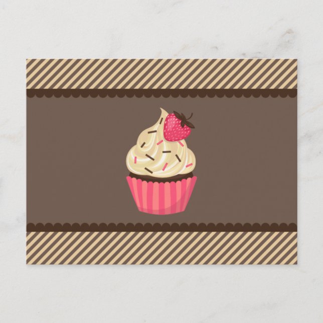 Rosa Creme Brown Streifen Erdbeere Cupcake Postkarte (Vorderseite)