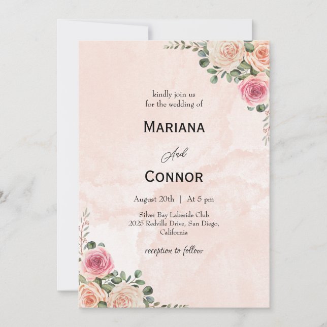 Rosa Creme Floral Romantische Hochzeitseinladung Einladung (Vorderseite)