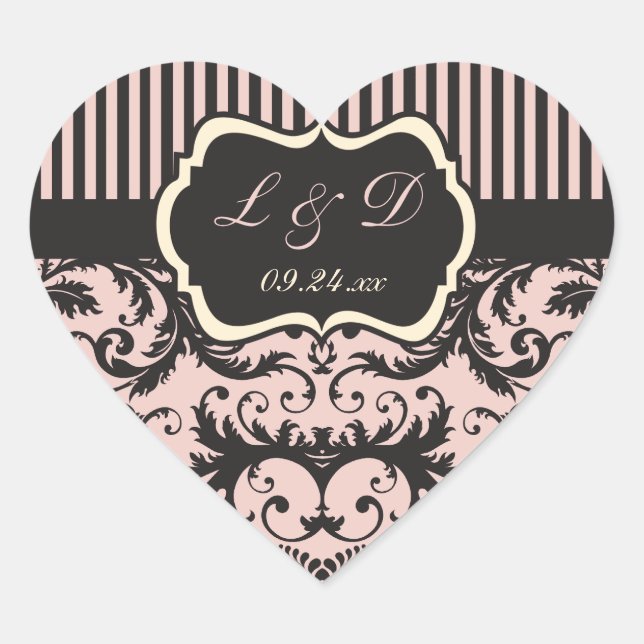 Rosa, creme, graue Mongram-Hochzeitsticker Herz-Aufkleber (Vorderseite)