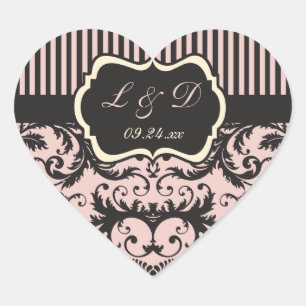 Rosa, creme, graue Mongram-Hochzeitsticker Herz-Aufkleber