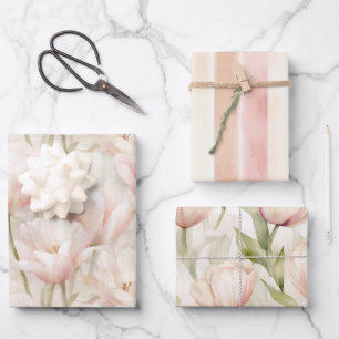 Rosa Creme Pfirsich Tulpen Florale Hochzeitsdusche Geschenkpapier Set